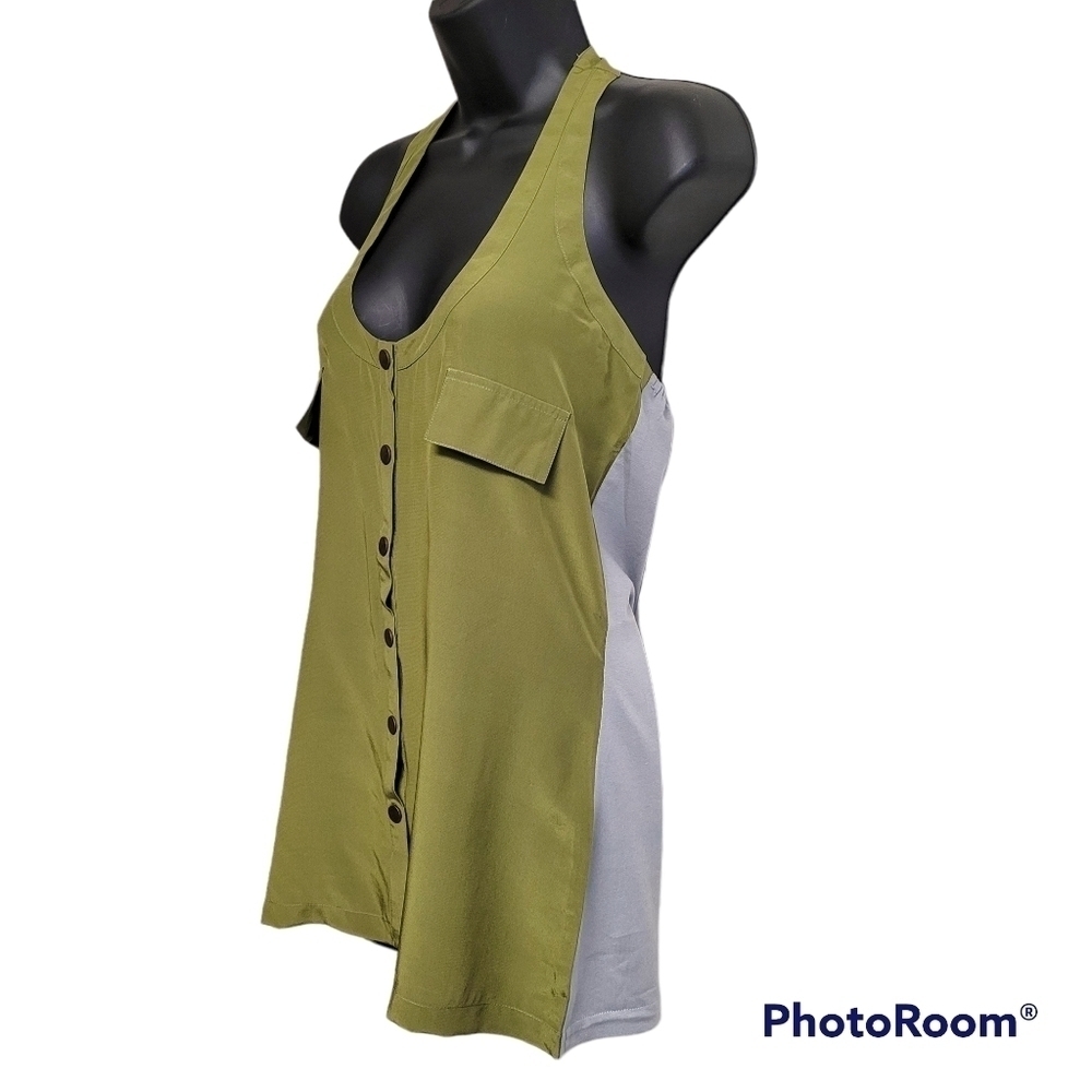 Revolve Lamade Silk Green And Grey Two Tone‎ Snap Button Front Halter Top Medium